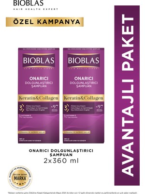 Bioblas Keratin & Kolajen Onarıcı Dolgunlaştırıcı Saç Bakım Şampuanı 2 x 360 ml Ince ve Yıpranmış Saçlar