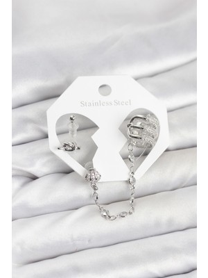 Hkursat Pirinç Gümüş Renk Sarmal Model Zincir Bağlantılı Ear Cuff Küpe Seti