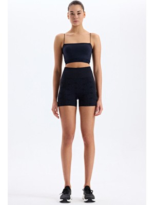 COMEUP Jakarlı Çiçek Desenli Kadın Kısa Spor Şort Slim Fit Özellikli Siyah
