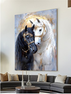 Eslem Siyah ve Beyaz At Kanvas Tablo 20 x 30 Doğa Temalı Renkli Malzeme ile Tek Parçalı