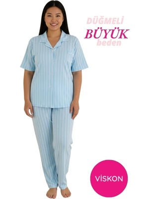 Bie's Kadın Büyük Beden Viskon Gömlek Yaka Önden Düğmeli Göğüs Cepli Mevsimlik Kısa Kol Pijama Takımı