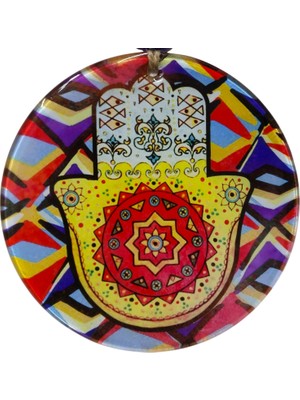 Mixperi Renkli Geometrik Desenli Cam Hamsa Eli - Nazarlık Ev Hediyesi (16 Cm)