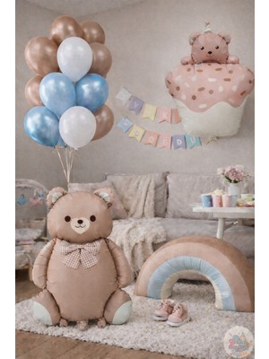Joyane Ponçik Ayı Retro Gökkuşağı Balon Konsepti | Kahverengi Ayıcık, Kek & Mavi Kahve Pastel Set