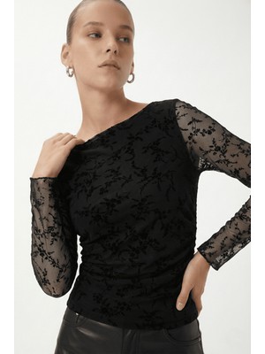 Ritnice Kadın Rebecca Tül Detaylı Siyah Uzun Kollu Top / Bluz
