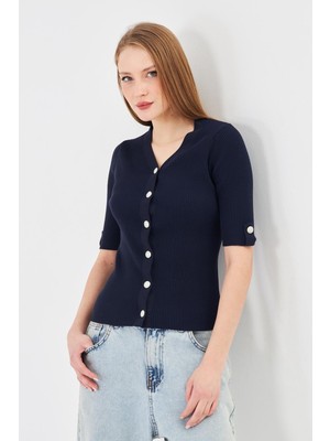 Irmak Kerekli Kadın Apoletli Düğmeli  Kısakollu Fitilli Triko Hırka 121417 Lacivert