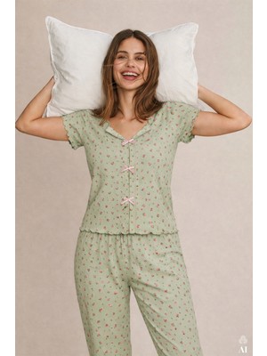 Koza İç Giyim Kadın Kısa Kollu Fiyonklu Fitilli Pijama Takımı