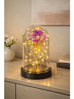 Marsilyan Dekoratif Solmayan Sonsuzluk Gülü Gün Işığı Peri Led Işıklı Büyük Boy Fanusta Gül Mor - Sevgiliye