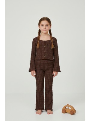 Kübra tekstil Kız Çocuk Kahverengi Yumuşak Dokulu Takım  Uzun Kollu Düğmeli Üst Pantolon 2'li Set Kız Çocuk Takım