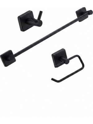 Enalburumtr Kare Mat Siyah - 2'li Bornoz Askısı / Tuvalet Kağıdı Askısı / Havluluk / 3'lü Banyo Set Paslanmaz Çelik