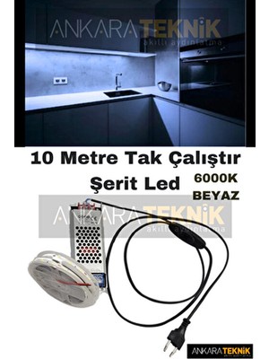 10 mt Beyaz Renk 6000K Şerit LED Mutfak Dolabı İçin 12V Adaptörlü Aç Kapa Anahtarlı