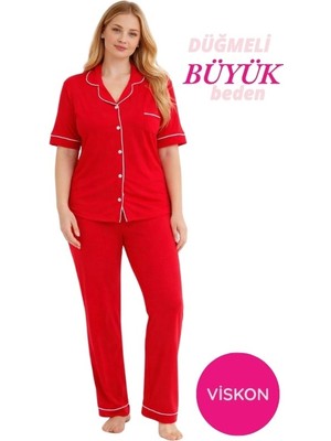 Seamlife Kadın Kırmızı Büyük Beden Viskon Gömlek Yaka Önden Düğmeli Göğüs Cep Mevsimlik Kısa Kol Pijama Takım