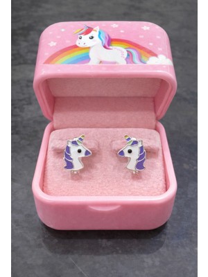 925 Ayar Gümüş Tek Boynuzlu At Detaylı Kız Çocuk Küpesi. (Klipsli)