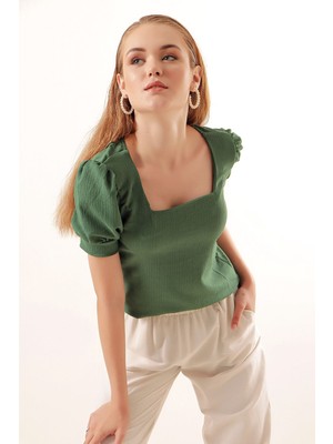 Hiccup Kadınlar BDART Slim Fit Kare Yaka Bluz Zümrüt Yeşili