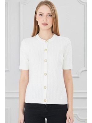 Irmak Kerekli Kadın Bisiklet Yaka Saç Örgü Kısa Kollu Triko Hırka  121824 Ekru