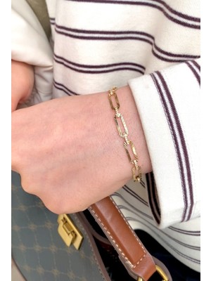 Onseva Kuyumculuk 14 Ayar Altın Taşlı ve Kalemli Zincir Bileklik