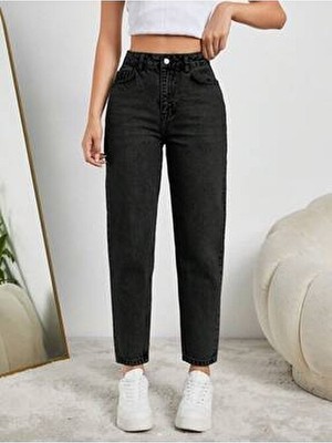 Herton Kadın Yüksel Bel Mom Jean Siyah Kadın Pantolon %100 Cotton Esneme Yok