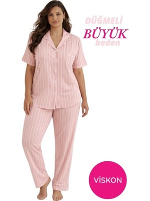 Bie's Kadın Büyük Beden Viskon Gömlek Yaka Önden Düğmeli Göğüs Cepli Mevsimlik Kısa Kol Pijama Takımı