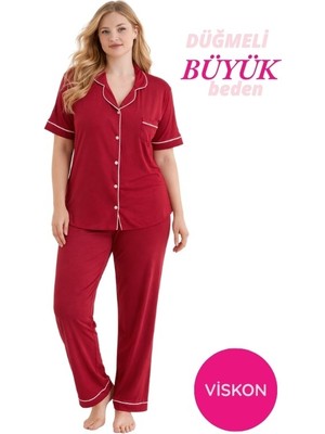 Seamlife Kadın Bordo Büyük Beden Viskon Gömlek Yaka Önden Düğmeli Göğüs Cepli Mevsimlik Kısa Kol Pijama Takım