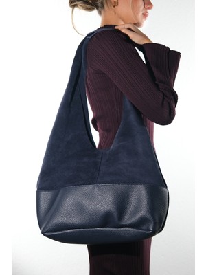 Luvi Avos Lacivert Süet Hakiki Deri Kadın Omuz Çantası