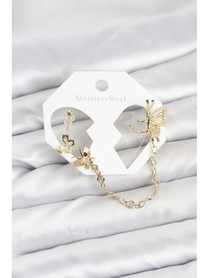 Kelebekli Model Hkursat Pirinç Gold Renk Zincir Bağlantılı Ear Cuff Küpe Seti