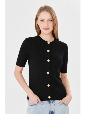 Irmak Kerekli Kadın Bisiklet Yaka Saç Örgü Kısa Kollu Triko Hırka  121824 Siyah