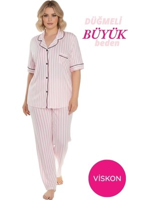 Seamlife Kadın Pembe-Beyaz Çizgili Büyük Beden Viskon Gömlek Yaka Önden Düğmeli Göğüs Cepli Mevsimlik Kısa Kol Pijama Takım