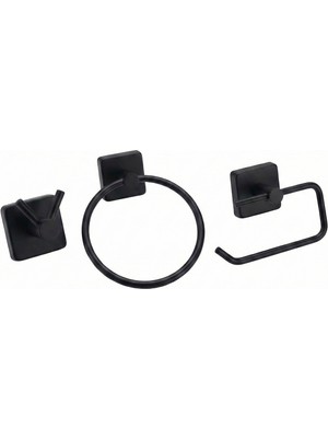 Enalburumtr Kare Mat Siyah - 2'li Bornoz Askısı / Tuvalet Kağıtlığı / Yuvarlak Havluluk / 3'lü Set - Paslanmaz Çelik