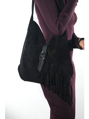 Luvi Noche Siyah Süet Hakiki Deri Püsküllü Kadın Omuz Çantası