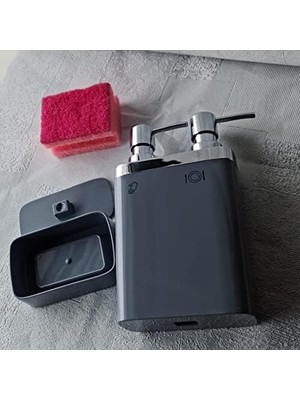 Aesco 2'li Sıvı Sabunluk, Süngerli, 0, 3lt ve 0, 6 Lt Hacim, 12.5 x 13.5 x 22 Cm, Gri (M-E10-07)