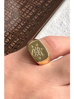 Leo'Stone Gold Minimal Göz Motifli Altın Kaplama Ayarlanabilir Serçe Parmak Mühür Yüzük