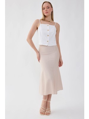 Vitrin Önü Dikiş Detaylı Midi Boy Etek