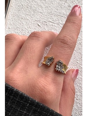 Leo'Stone V.ı.p Çift Renk Seri Zirkon Taşlı Çift Parça Cluster Gold Kaplama Ayarlanabilir Kadın Çelik Yüzük