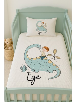 Lilabio %100 Pamuk Isme Özel Isimli 100X150 cm Pike Seti Dinozor ve Çocuk