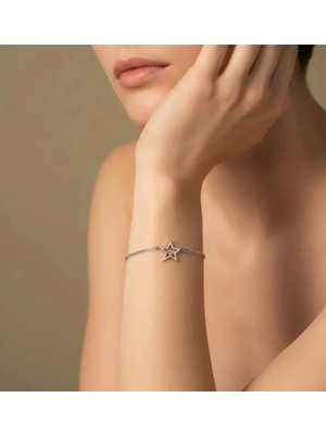 G&A Jewels 925 Ayar Gümüş ve Pırlanta Taşlı Yıldız Çift Zincirli Bileklik