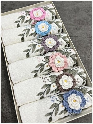 ayhanhome 6'lı 3D El Işleme Çiçek Buket Desenli Kutulu Çeyizlik 30X50 Mutfak Havlu Seti