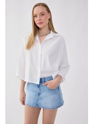 Vitrin Düşük Omuz Krinkıl Kumaş Crop Gömlek