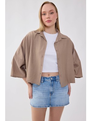 Vitrin Düşük Omuz Krinkıl Kumaş Crop Gömlek