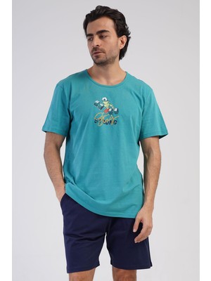Vienetta Erkek Kısa Kol Şortlu Silver Pine %100 Pamuk Baskılı Pijama Takımı C9T6N1904