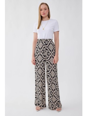 Vitrin Beli Lastikli Desenli Geniş Paça Pantolon