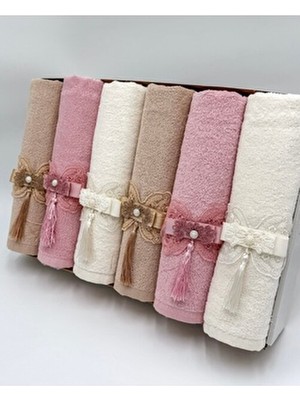 ayhanhome 30 x 50 Kadife Mutfak Havlusu 6'lı Fiyonklu Püsküllü Bej Pamuk Seti