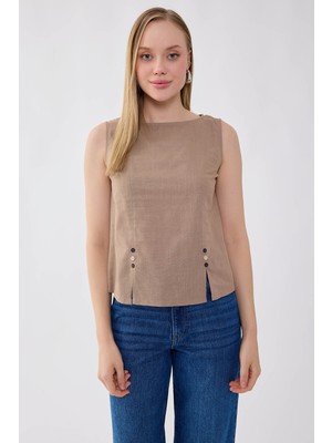 Vitrin Sıfır Kol Düğmeli Keten Bluz