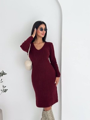 Abba1 Yumuşak Dokulu Fitilli V Yaka Triko Elbise