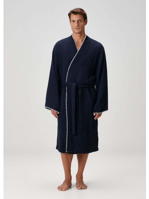 İrya Loom 4 Katlı Müslin Çoban Dikşili Erkek Bornoz Lacivert