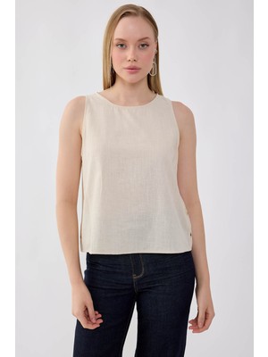 Vitrin Viskon Keten Yanları Düğmeli Sıfır Kol Bluz