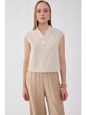 Vitrin V Yaka Önü Düğmeli Viskon Keten Bluz