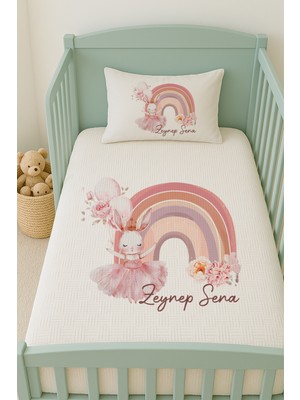 Lilabio %100 Pamuk Isme Özel Isimli 100X150 cm Pike Seti Balonlu Prenses Tavşan