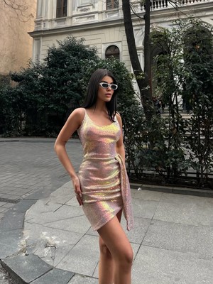 Cemo Ince Askılı Payetli Drapeli Gümüş Mini Elbise