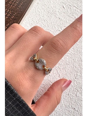 Leo'Stone V.ı.p Çift Renk Seri Triple Coin Tasarım Zirkon Taşlı Ayarlanabilir Kadın Çelik Yüzük