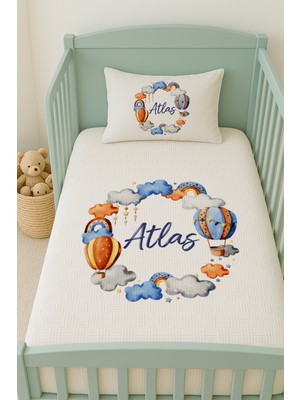 Lilabio %100 Pamuk Isme Özel Isimli 100X150 cm Pike Seti Mavi Balon ve Bulutlar