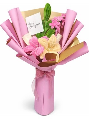Waxera -Şönil Pembe Krem Lilyum Buketi – Pembe Gold Ambalaj